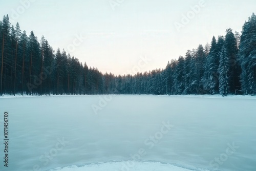 A frozen lake surrounded by a dense forest with a clear sky and the faintest hint of dawn. photo