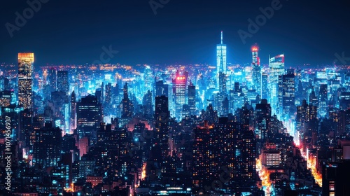 Wallpaper Mural A vibrant nighttime cityscape showcasing illuminated skyscrapers and bright lights against a dark sky, creating a lively urban atmosphere. Torontodigital.ca