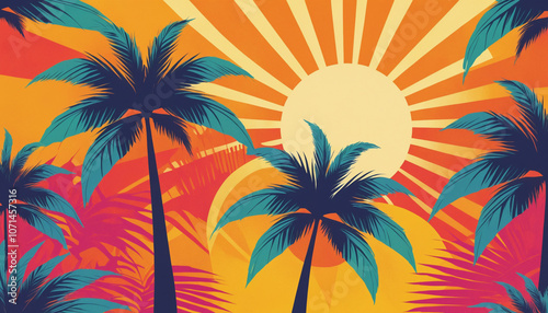 abstract retro palm and sun design with vibrant colors