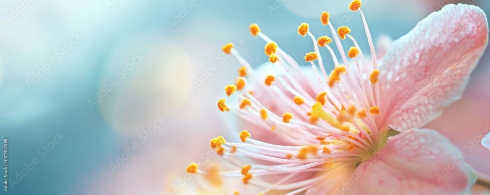 Fototapeta premium A close-up of a delicate pink flower adorned with yellow stamens against a soft, dreamy blue background.