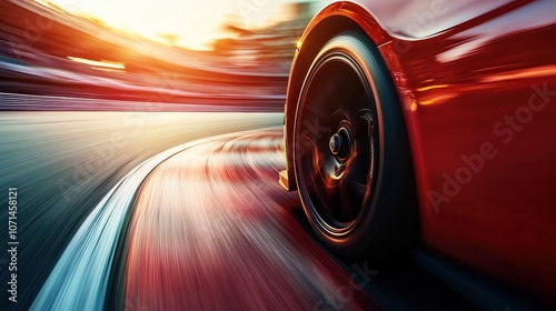 A close-up shot of a red car's tire navigating a curved track, capturing motion and speed against a backdrop of a dynamic sunset.