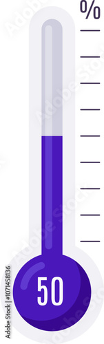 Purple thermometer indicating fifty percent, symbolizing measurement, temperature, performance, or progress in a simple yet effective visual representation