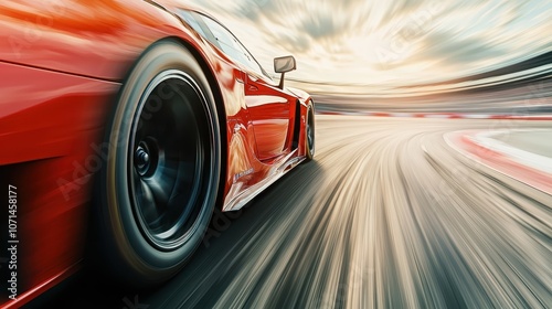 A close-up view of a red sports car speeding around a racetrack, with motion blur conveying the sense of rapid movement and excitement.
