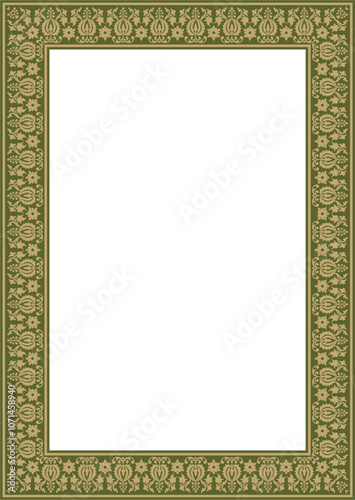 Vector square gold with green ancient Russian ornament. Slavic rectangle, border, frame. Painting of the royal chambers