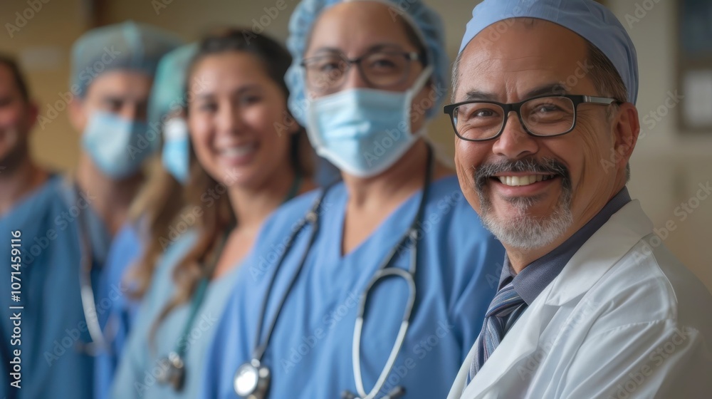 Fototapeta premium Dedicated medical team smiling together in a hospital setting during a busy morning shift