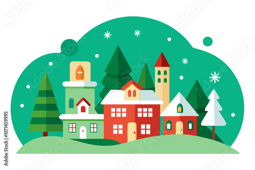 Christmas Village Scenes with Green Background.