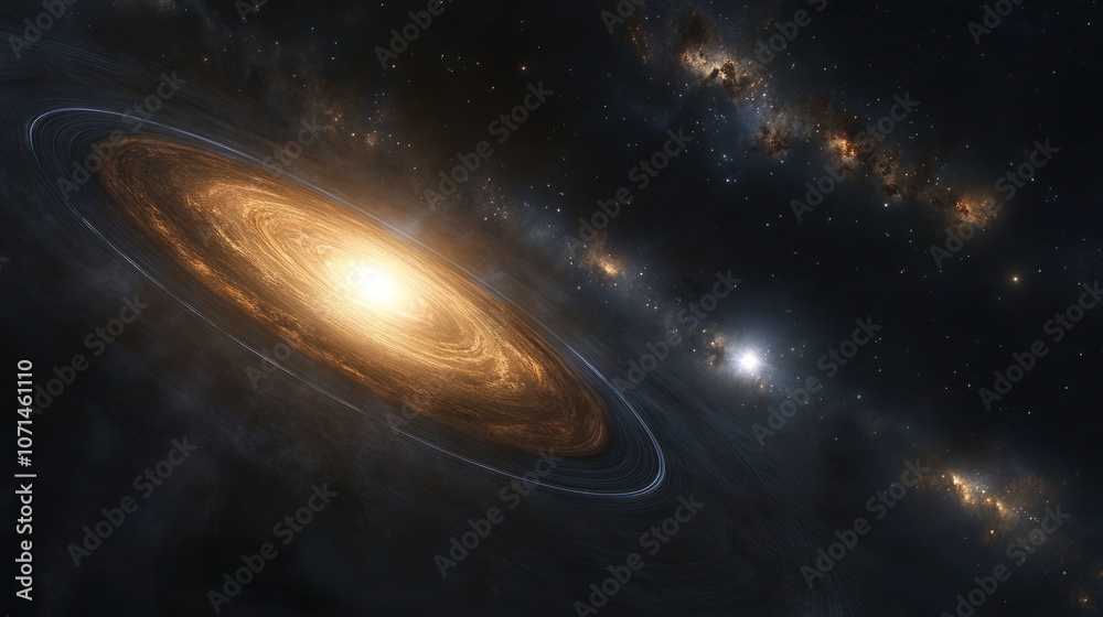 Fototapeta premium View of the solar system in outer space, surrounded by swirling galaxies, cosmic dust, and light rays from distant stars.