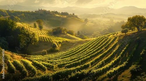 Golden sunlight illuminates the rolling vineyards and olive groves of Chieti's beautiful hills in Abruzzo