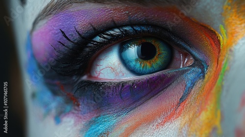 Vivid eye detail with surreal placement on the nose, blending multiple colors in a highly realistic and artistic design