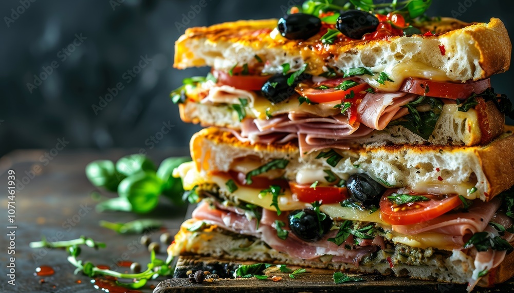 A close-up of a delicious panini sandwich with ham, cheese, tomatoes, olives, and pesto on a rustic wooden board. A close-up of a delicious panini sandwich with ham, cheese, tomatoes, olives, and pesto on a rustic wooden board.