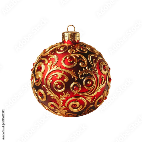 Closeup studio shot of decorated Christmas ornament red golden ball isolated on transparent background