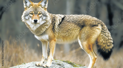 A lone coyote stands on a rock in a forest.