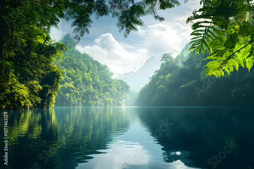 Serene Lake Enveloped by Lush Forests Reflecting the Vibrant Greenery and Clear Blue Sky photo