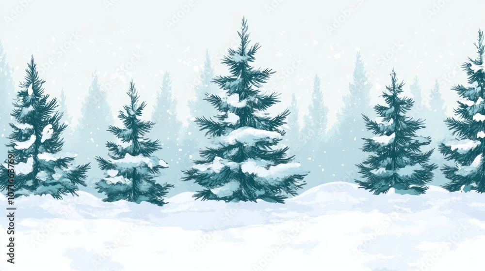 Obraz premium Winter pine tree forest with snow-covered branches, set against a tranquil snowy background, perfect for holiday themes.