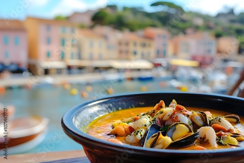 Close-up of a bouillabaisse soup plate with fish and shellfish in saffron broth, on a rustic table at a restaurant terrace. A charming French Riviera harbor provides a warm, Mediterranean backdrop