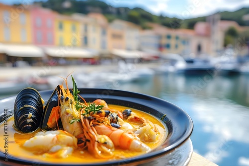 Close-up of a bouillabaisse soup plate with fish and shellfish in saffron broth, on a rustic table at a restaurant terrace. A charming French Riviera harbor provides a warm, Mediterranean backdrop