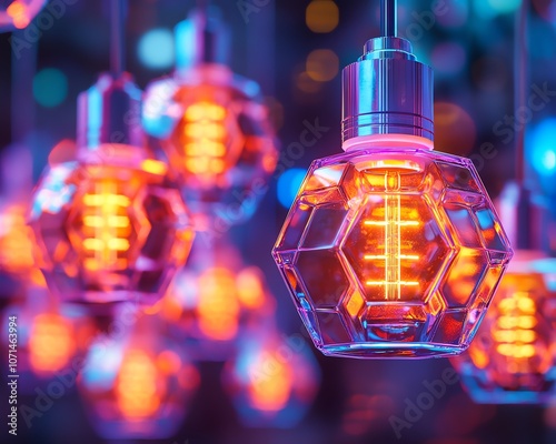 Closeup of a unique lightbulb design with hexagonal LED filaments, futuristic and stylish, cooltoned lighting, cyberpunk feel, ultrahigh resolution, intricate detail photo