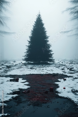 A lone pine tree stands tall in a snowy, foggy landscape, with a pool of blood at its base. photo