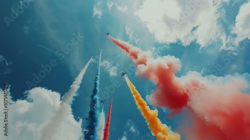 A vibrant display of colorful smoke trails from aircraft against a blue sky.