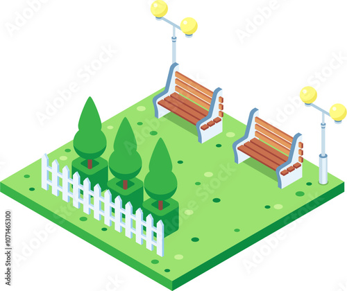 Green city park isometric icon showing two benches, trees surrounded by white fence and street lamps illuminating recreation area