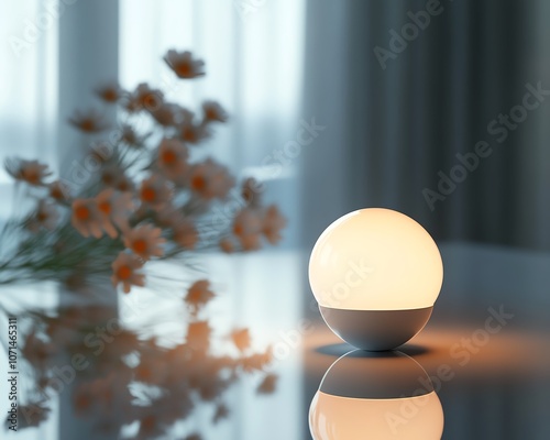 Smart home lighting technology concept, advanced LED bulb in sleek holder, cool white glow, futuristic minimalism, highdefinition closeup, soft lighting reflections, 3D render photo