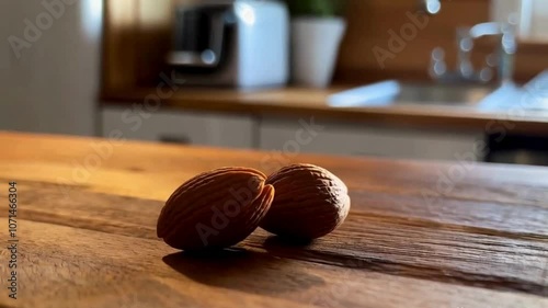A close-up of fresh almonds scattered on a table, showcasing their rich texture and natural brown tones. Perfect for healthy eating