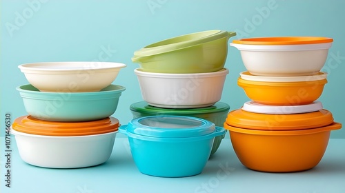 Colorful Plastic Bowls and Lids for Food Storage