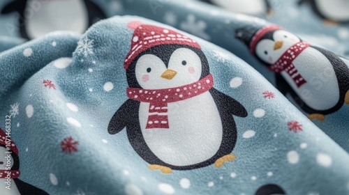 Cute penguin wrapped in colorful scarf on cozy penguinthemed blanket, perfect for winter or holidaythemed settings. photo