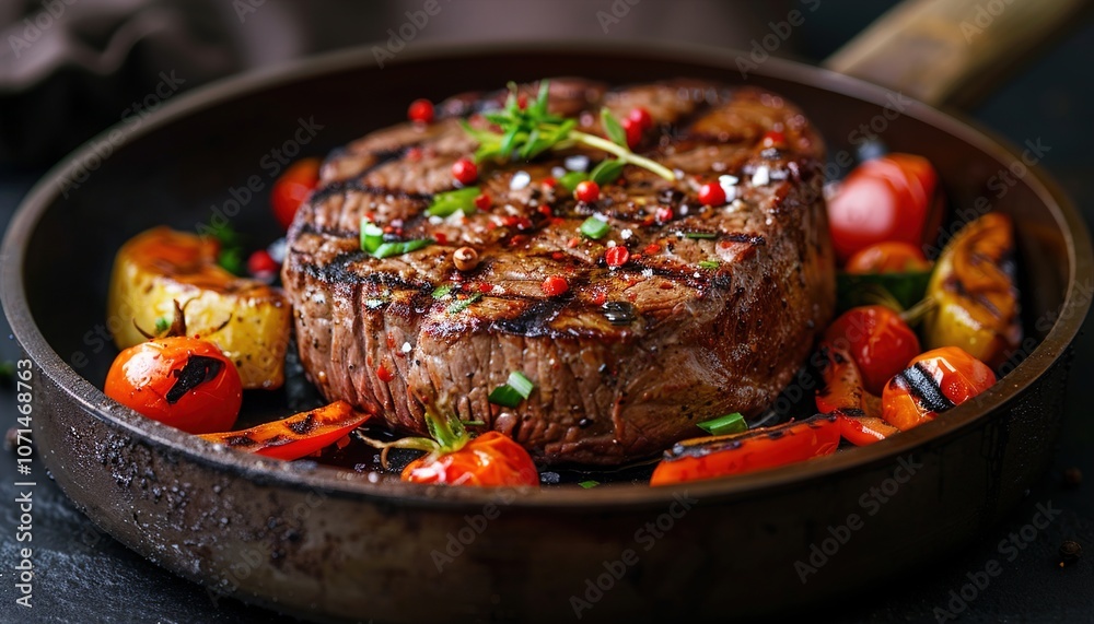 Grilled steak with vegetables in a frying pan on a black background 