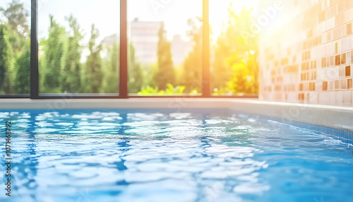 Sparkling blue water in an indoor swimming pool.