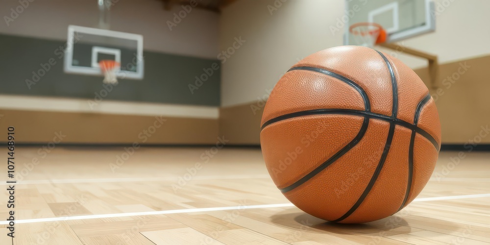 Fototapeta premium High quality photo of a shiny hardwood maple basketball on a basketball court, dribbling