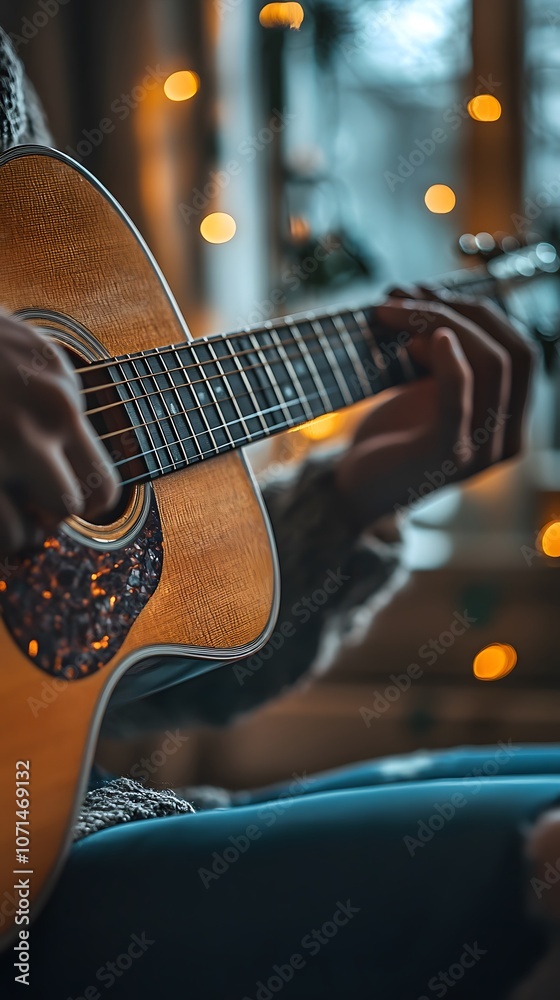 Fototapeta premium Close-up of a male musician playing an acoustic guitar indoors with warm ambient lighting.