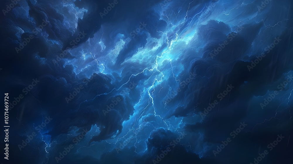 Fototapeta premium In the middle of a stormy night sky, a dazzling lightning strike lights up the shadows, its electric blue color creating a spooky radiance on the stormy clouds.