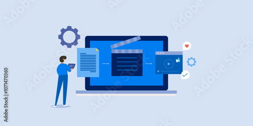 Flat design concept of digital video content production, vector illustration web banner.