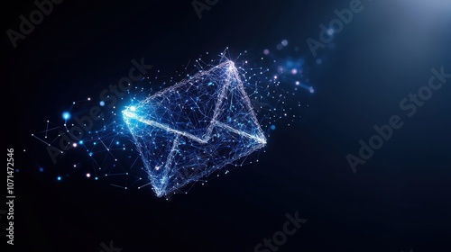 A glowing blue mail icon, with bright digital data streams flowing around it, symbolizing fast, secure, and modern communication channels
