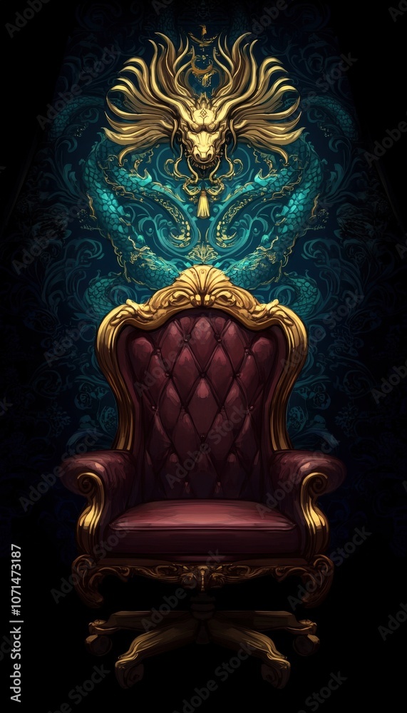 A regal, crimson throne with gold accents sits before an ornate, dragon-emblazoned wall. A regal, crimson throne with gold accents sits before an ornate, dragon-emblazoned wall.