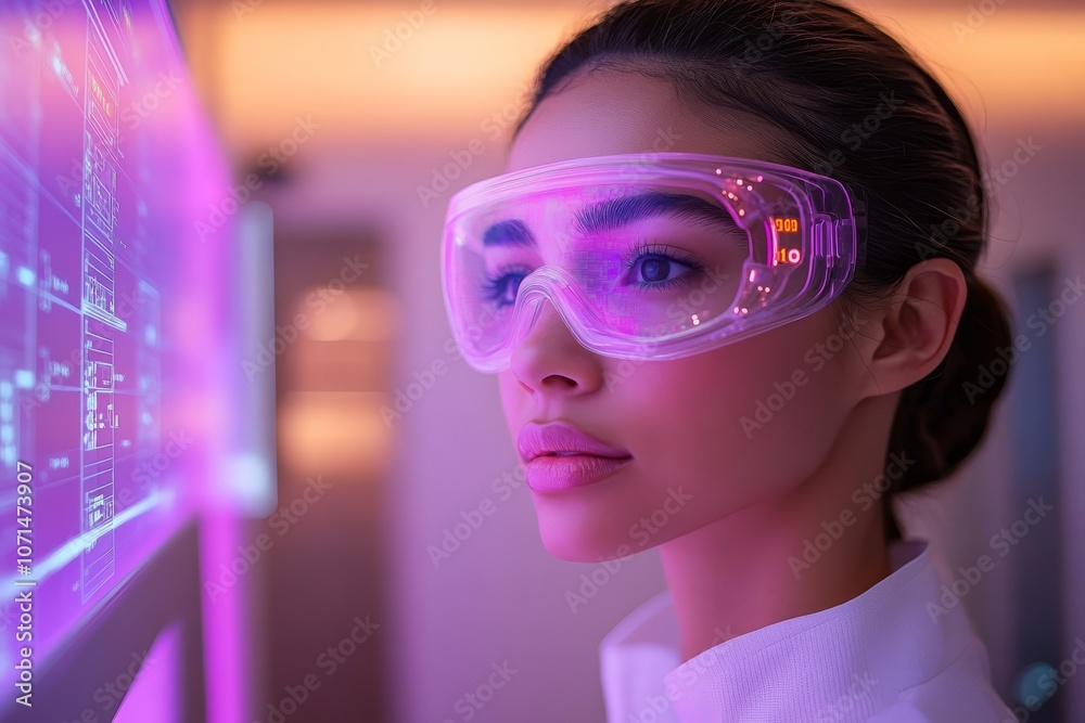 Professional beautician using advanced technology for skin care with holographic control panel. Generative AI Professional beautician using advanced technology for skin care with holographic control panel. Generative AI