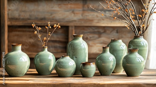 Nine various sized and shaped celadon green ceramic vases are displayed on a rustic wooden table. photo