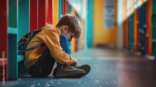 A young child sits in sorrow, reflecting on lost joy in a vibrant yet empty hallway