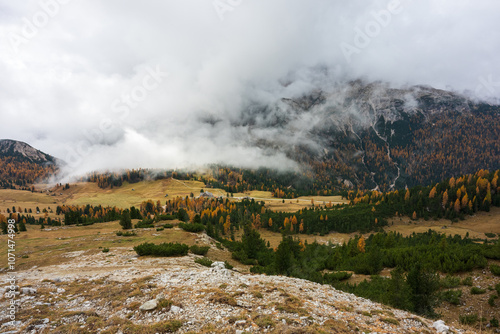 Stunning landscape between hike to Durrenstein summit in autumn, Dolomite Italy. photo