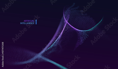 Technology Artificial Intelligence particles banner. Dots dust ai big data stream waves neon green and purple background. Futuristic network connect vector hq design.