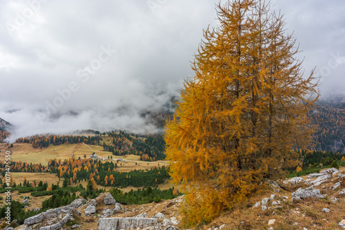 Stunning landscape between hike to Durrenstein summit in autumn, Dolomite Italy. photo