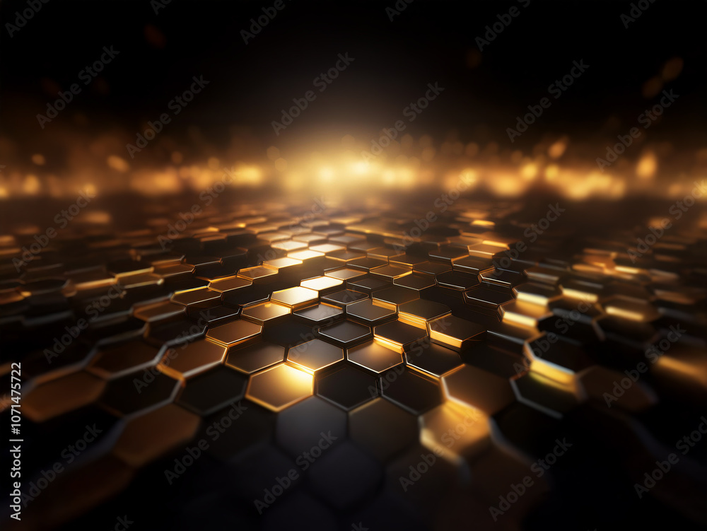Obraz premium A dark background with a glowing honeycomb pattern in the foreground. The honeycomb is made of gold and black. The glow is coming from behind the honeycomb.