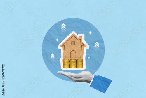Creative art collage of Money saving, real estate investment, investing for home lone. hand holding miniature house with coins money and arrow up of Indicating saving money to buy a house