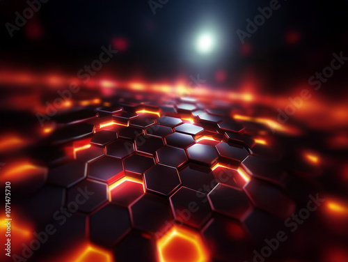 A futuristic, abstract landscape of glowing hexagonal shapes, bathed in warm, fiery light.