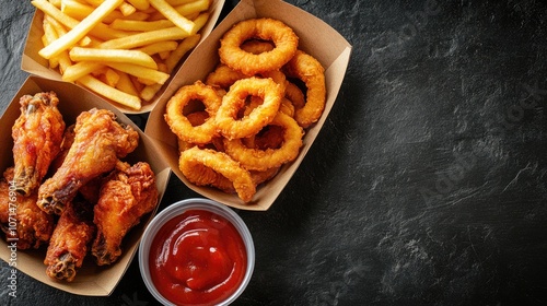 Fried Chicken, Onion Rings, and French Fries in Paper Boxes photo