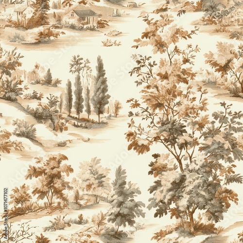 This repeating pattern evokes a classic toile design, showcasing a serene countryside scene.