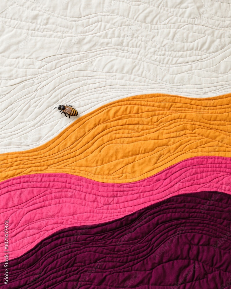 Naklejka premium A small beetle crawls across a white, yellow, pink, and purple quilted fabric background.