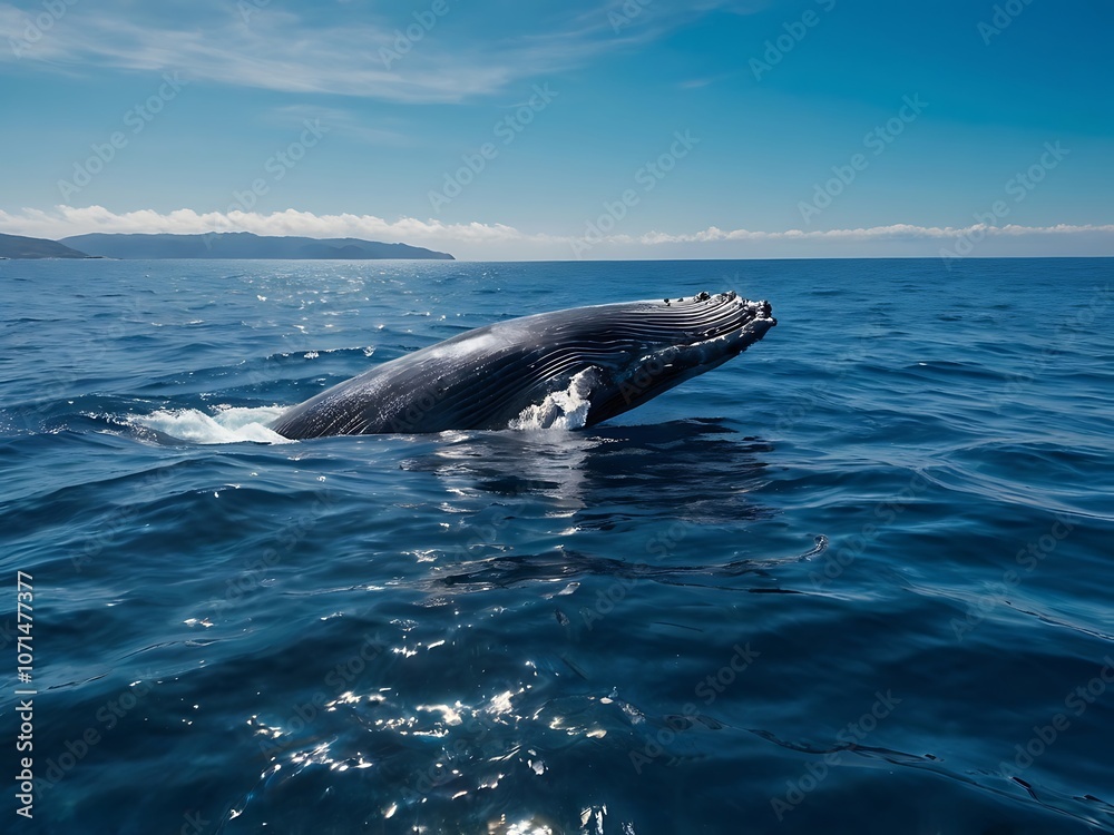 Naklejka premium Humpback Whale Breaching in Blue Ocean with Mountains in the Background