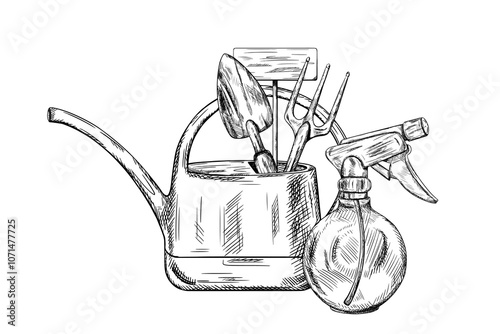 Vector illustration of working tools, watering can, rake, shovel, spray. Tools for landscaping garden and house territory. Growing plants and flowers. Isolated illustration in black ink graphically